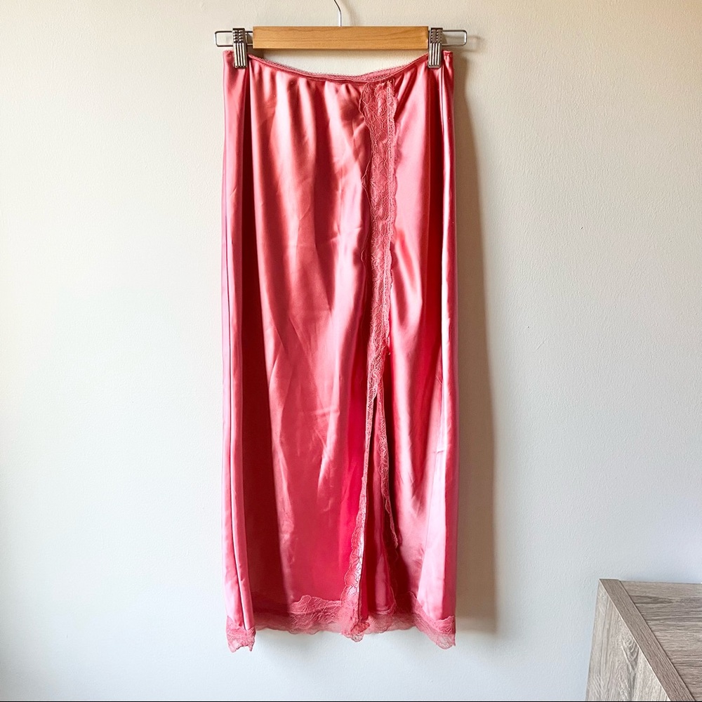 Hot pink satin affect Topshop lace trimmed midi skirt